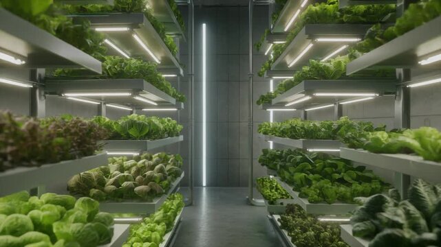 Futuristic vertical farm interior with layers of green plants. Modern indoor agriculture with LED grow lights, hydroponic technology and sustainable urban farming.