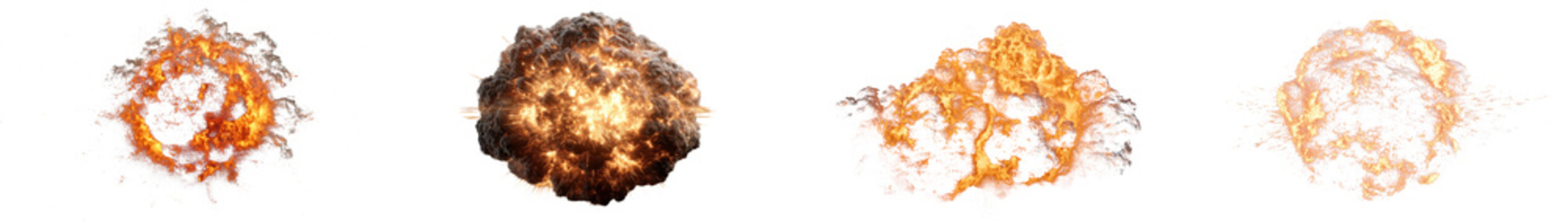 Set of four massive fireball explosions with bright orange and yellow flames isolated on transparent background, showing dynamic energy and power