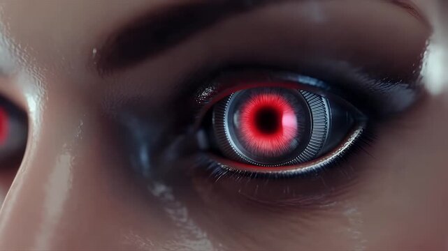 Close up of futuristic bionic eye opening with glowing red iris