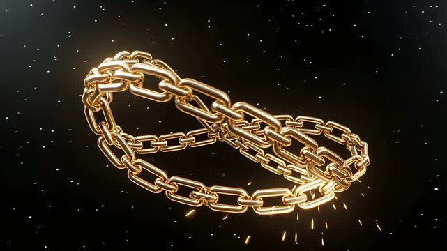 Golden chains intertwined with bright welding sparks in space