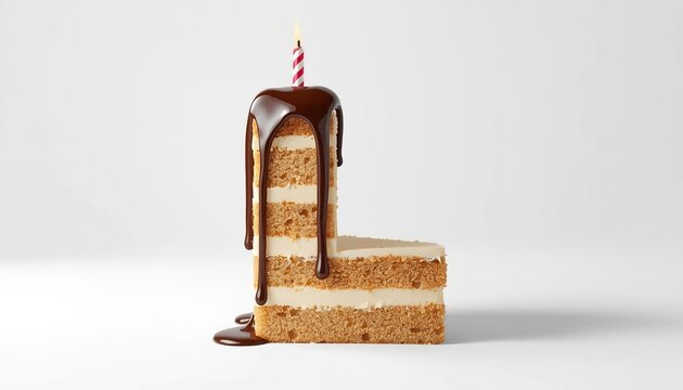 A slice of cake with chocolate icing and a candle on top on transparent background