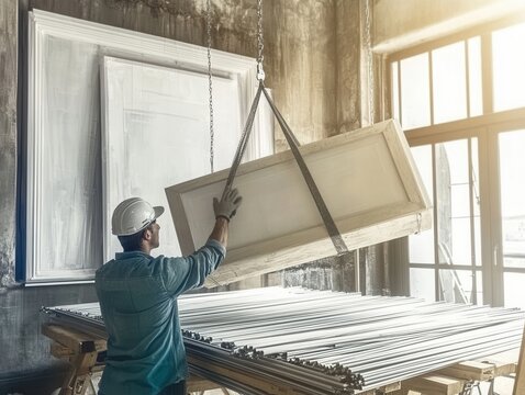 Workers assemble suspended ceiling in a construction site using careful techniques and tools to ensure proper installation of ceiling materials