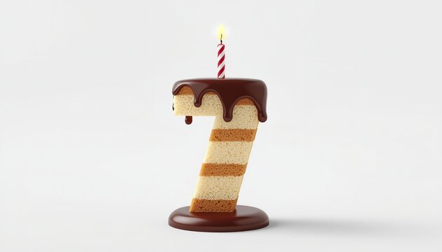 A creative cake shaped like the number seven with chocolate icing and a lit candle on top on transparent background