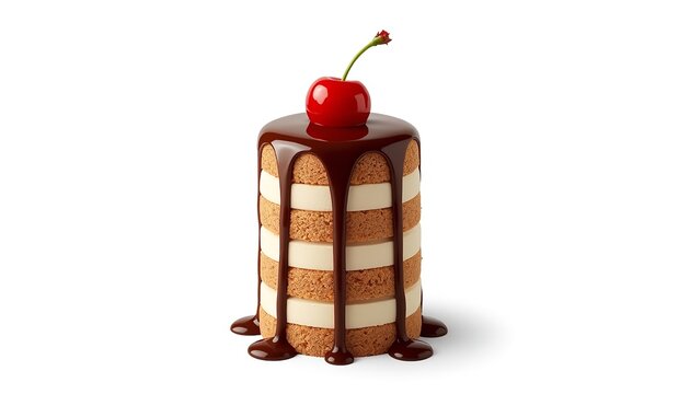 A delicious cake with chocolate sauce and a cherry on top, on transparent background