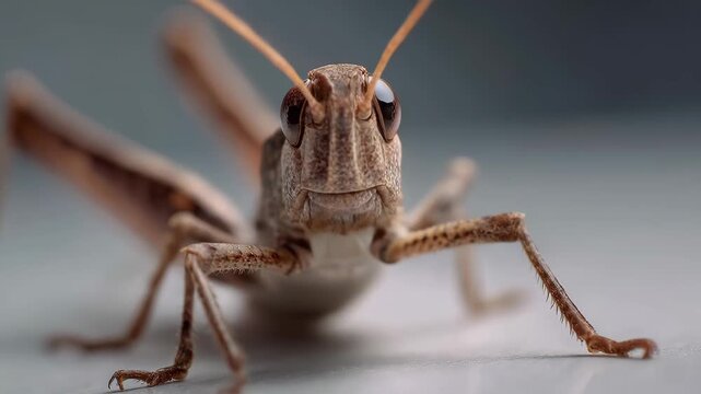 Close-up view of a brown grasshopper with detailed body structure and texture