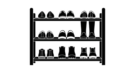 A black and white illustration of a shoe rack filled with various styles of footwear