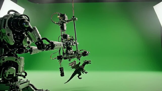 Robot arms suspend a toy dragon against a green screen in a studio environment