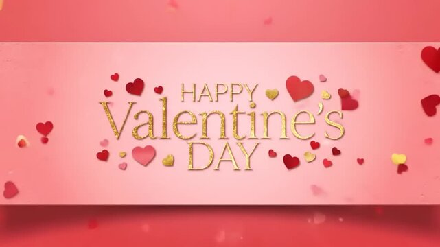 Happy Valentines Day Golden Text with Hearts and Confetti Background.