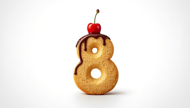 A delicious donut shaped like the number eight with chocolate drizzle and a cherry on top on transparent background