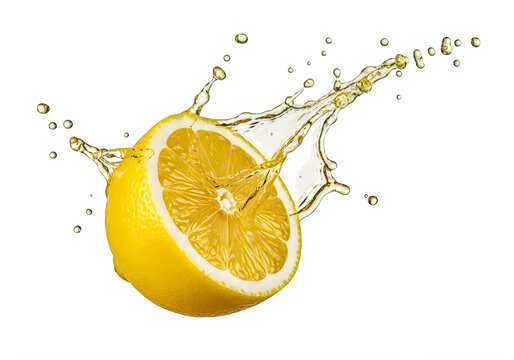 A lemon half with juice splashing isolated on transparent background