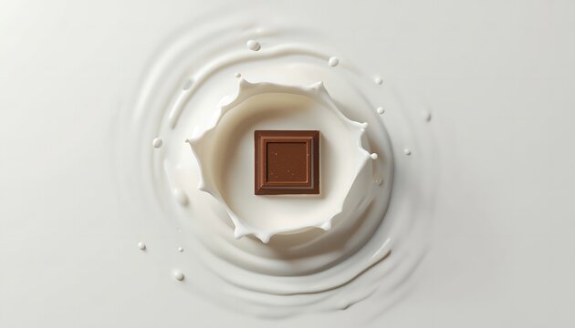 A chocolate square floats in a pool of milk on transparent background