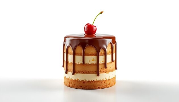 A delicious cake with chocolate drizzle and a cherry on top sits on a white surface on transparent background