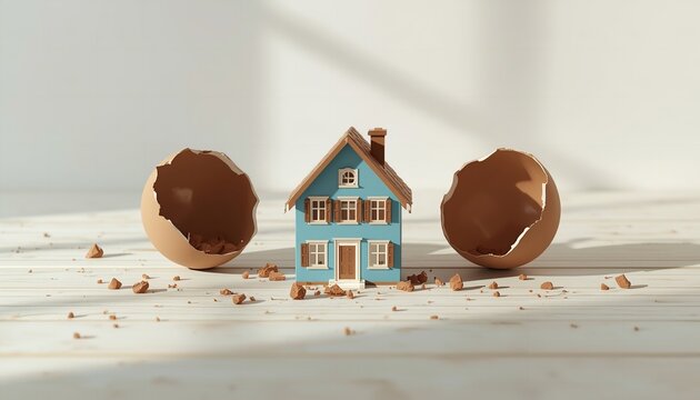 A small blue house with brown eggshells on either side on transparent background