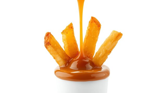 A close-up of crispy french fries being drizzled with melted cheese sauce on transparent background