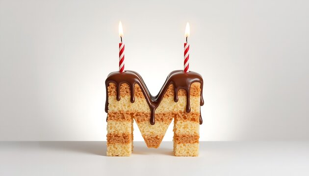 A cake in the shape of the letter M with two lit candles on top on transparent background