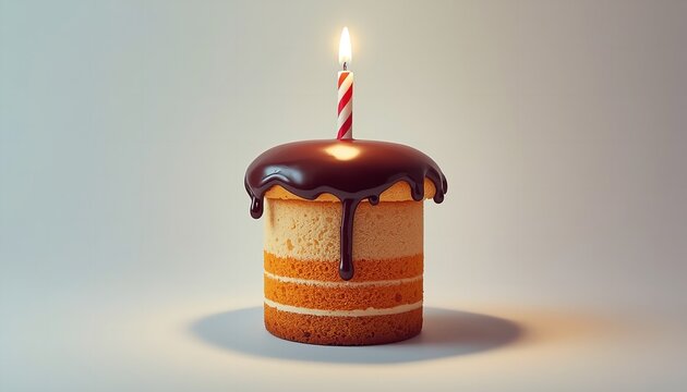 A small cake with chocolate icing and a lit candle on top on transparent background