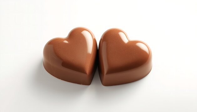 Two brown chocolate hearts sitting side by side on a white surface on transparent background