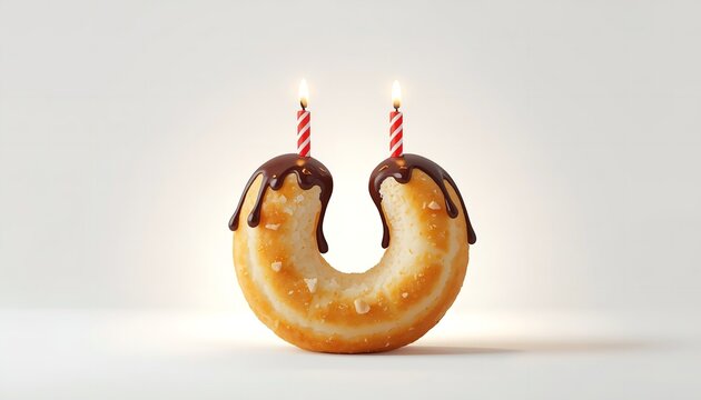 A donut with two lit candles on top, placed on a transparent background