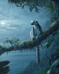 Fototapeta premium Cute Ring-Tailed Lemur Sitting on a Mossy Tree Branch Overlooking Tropical Jungle Coastline at Night, Primates in Natural Habitat with Glowing Eyes and Long Striped Tail Under Magical Starry Sky