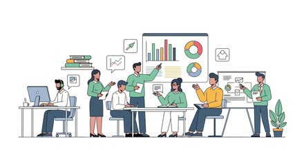 Business meeting with diverse team analyzing charts and data.