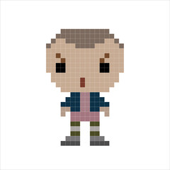 Fototapeta premium Vector pixel objects. Сolored boy in pixel game objects. Textures for 8-bit games. Stranger boy. Vector illustration EPS 10.