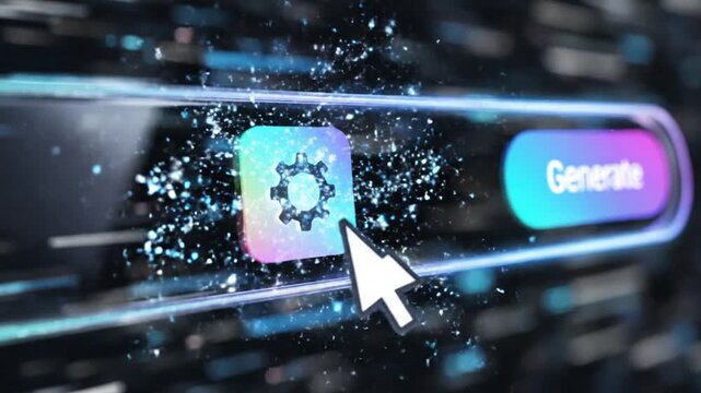 Cinematic slowmotion footage of a minimalistic transparent AI search bar interface featuring a modern generate button for artificial intelligence navigation in ultra high definition 4K
