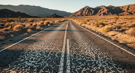 Desert road stretching through barren landscape under clear sky  