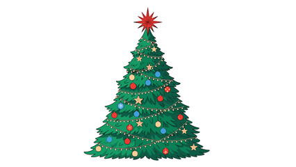 Fototapeta premium Beautifully decorated traditional Christmas tree with colorful ornaments, golden garlands, and a bright red star on top.