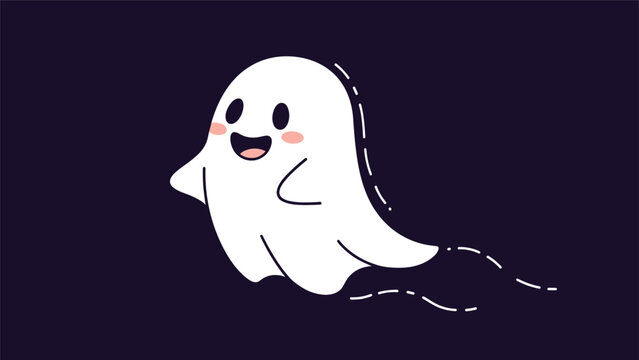 Adorable white ghost with pink cheeks flying through the night sky leaving a dashed trail behind on a dark purple background.