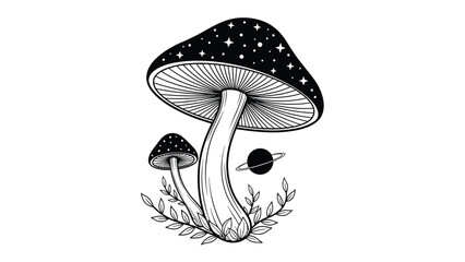 Surreal black and white illustration of a large mushroom with a starry cap and a small planet orbiting its stem.
