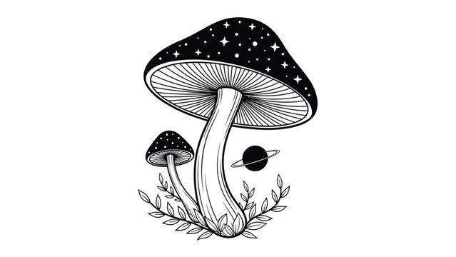 Surreal black and white illustration of a large mushroom with a starry cap and a small planet orbiting its stem.