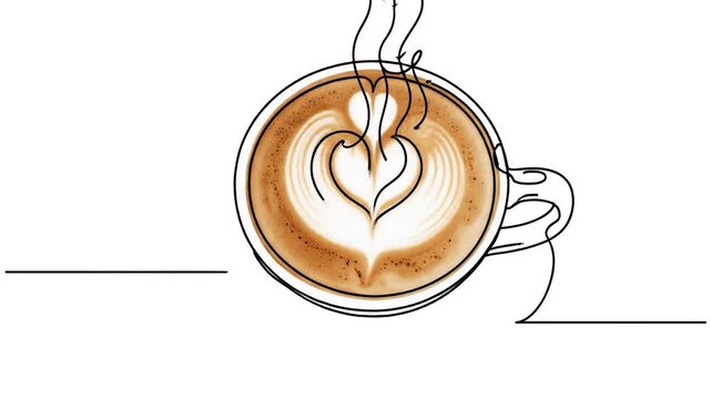 Continuous line drawing of a coffee cup with heart latte art appearing on