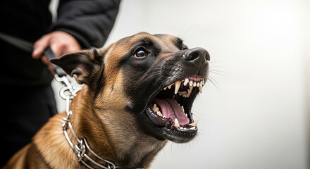Aggressive dog barking while on leash held by handler indoors  