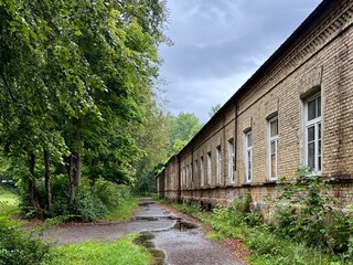 Obraz premium An old brick building stretches alongside an avenue lined with mature trees, their dense foliage forming a lush canopy. The structure features large, white-framed windows and displays signs of age