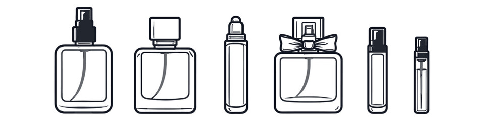 Collection of various perfume bottles and atomizers in a clean line art style