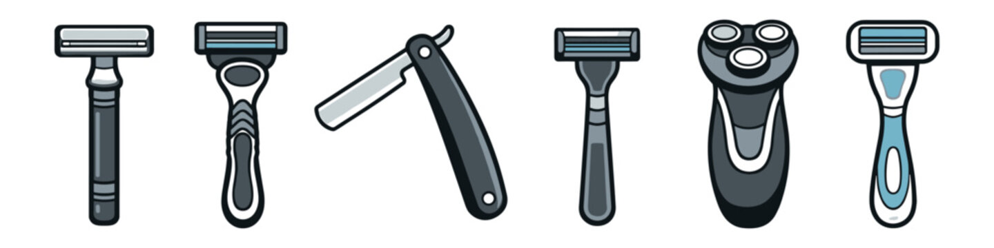 Collection of various shaving tools including razors and electric shavers