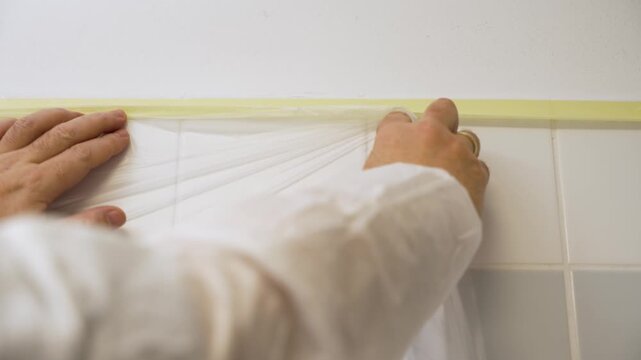 Plastic sheet is tightened along taped tile edge to prevent paint spills. Close-up hands working carefully during wall preparation.