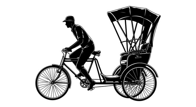 A silhouette of a rickshaw puller riding a three wheeled vehicle in a vintage style high quality