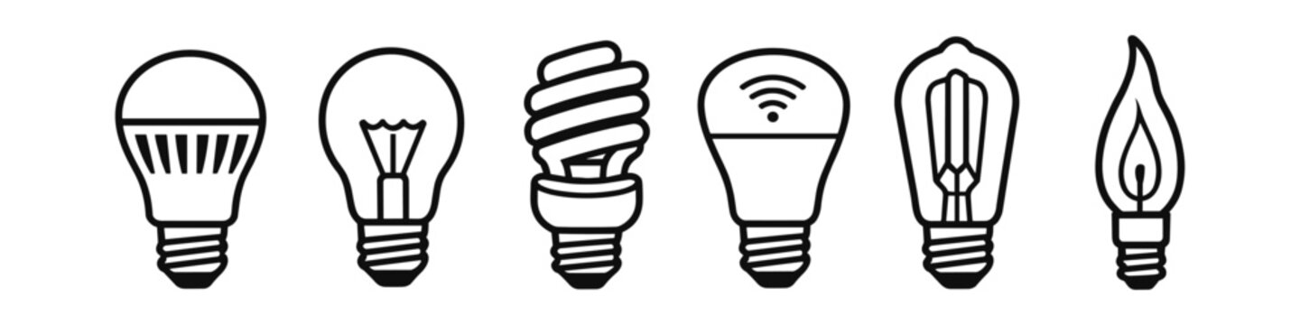Collection of diverse light bulb icons representing different lighting technologies and styles