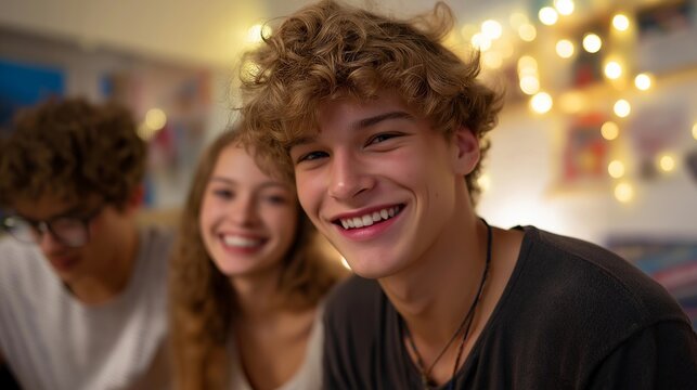 Vibrant dorm room packed with friends joking and sending chat messages at night, illuminated by neon lights and playful decor, creating a fun and lively atmosphere that captures youth and