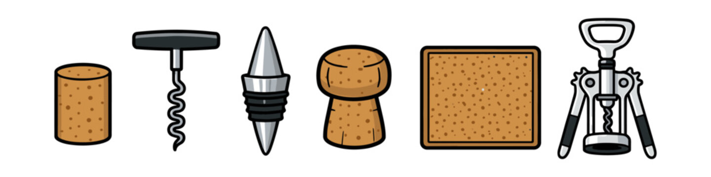 Collection of wine accessories including corks, stoppers, and corkscrews