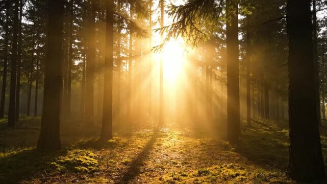 Dramatic golden sunbeams powerfully pierce through a dense, misty evergreen forest creating spectacular light rays illuminating the mossy ground below during a tranquil sunrise.