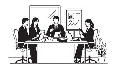 Fototapeta premium Office Teamwork and Business Meeting Illustrations – Corporate Collaboration, Training, and Presentation Vector Set