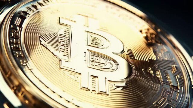 A close-up view of a golden bitcoin with a holographic effect