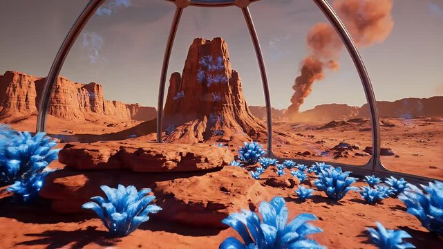 A sci-fi landscape, with a glass dome featuring blue alien flora and a red-desert backdrop
