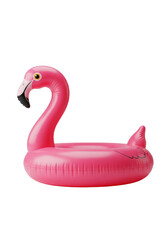 Bright pink inflatable flamingo pool float, perfectly inflated and glossy, sharp contours against a seamless transparent studio background, clean commercial product photoshoot concept