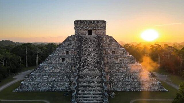 Epic Sunrise View of Ancient Mayan Temple El Castillo at Chichen Itza, Yucatan, Mexico