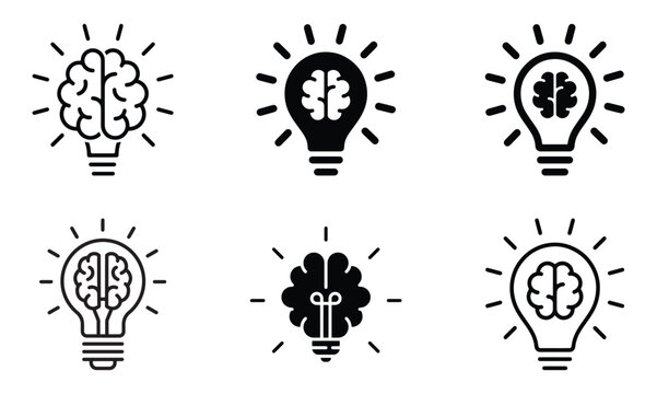 Brain in light bulb icon set. Creative, generating idea, solution , knowledge, lamp stock vector. idea and creativity vector collection. Creative idea and innovation light bulb icon. vector eps file 