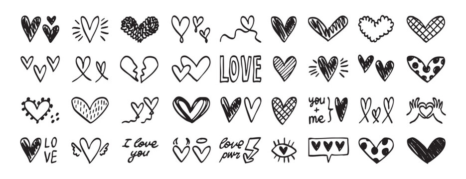 handdrawn heart doodles scattered on white, ink sketches with varied textures and imperfect lines, playful icons for sticker sheets, logo concepts, craft embellishments, digital scrapbooking