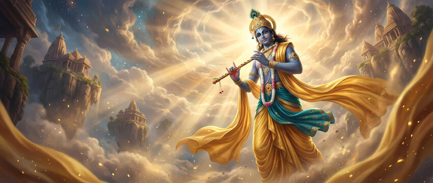 Lord Krishna playing flute among celestial clouds and floating islands symbolizing transcendent divine cosmic harmony background wallpaper